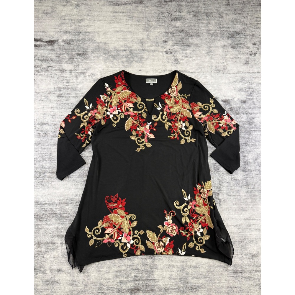 JM Collection Womens Black Floral Sharkbite Tunic Top Gold Studs 3/4 Sleeve L